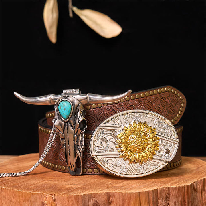 Ensemble de boucles de ceinture à couteau caché DIY en or et argent avec pendentif Longhorn turquoise - Tournesol - Ceinture à rivets marron - 42 - image 16