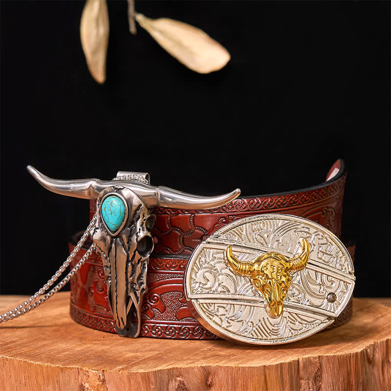 Ensemble de boucles de ceinture à couteau caché DIY en or et argent avec pendentif Longhorn turquoise - Taureau - Ceinture marron sculptée - 42 - image 10