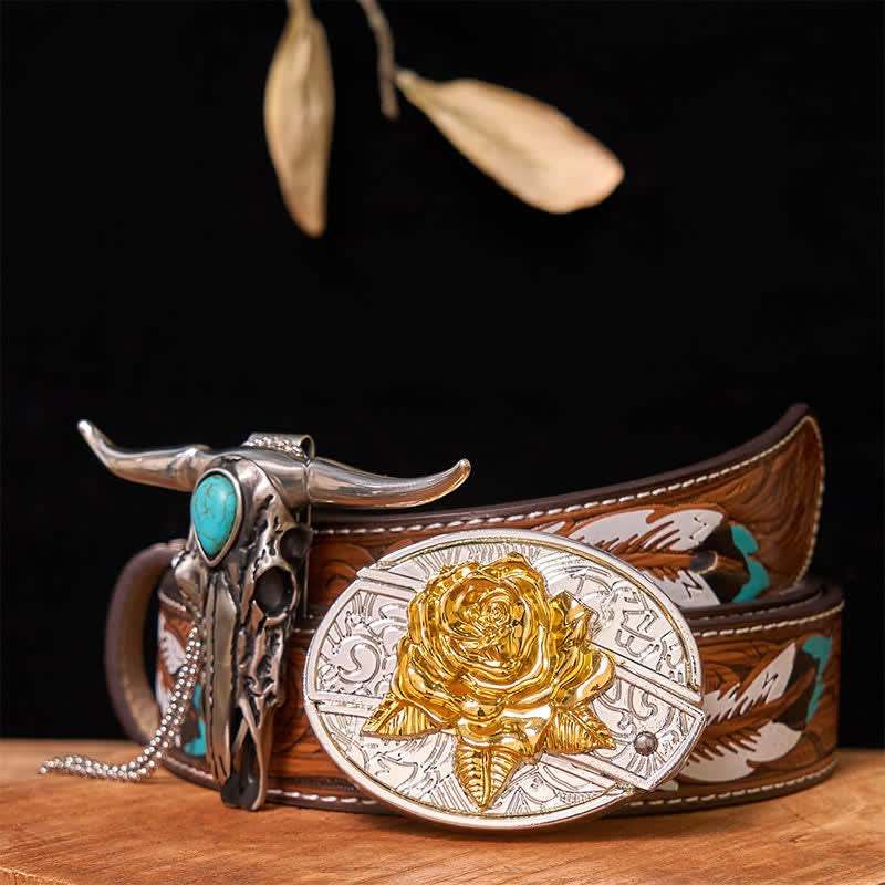 Ensemble de boucles de ceinture à couteau caché DIY en or et argent avec pendentif Longhorn turquoise - Rose - Ceinture à plumes marron - 40 - image 28