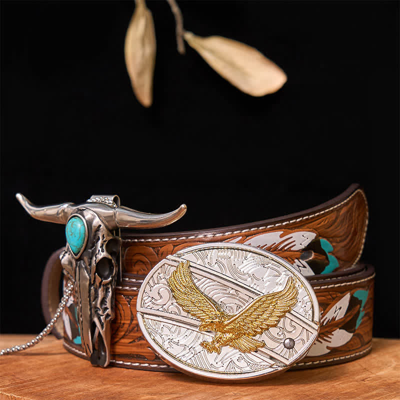 Ensemble de boucles de ceinture à couteau caché DIY en or et argent avec pendentif Longhorn turquoise - Aigle - Ceinture à plumes marron - 40 - image 37