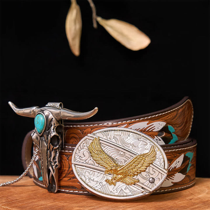 Ensemble de boucles de ceinture à couteau caché DIY en or et argent avec pendentif Longhorn turquoise - Aigle - Ceinture à plumes marron - 40 - image 37