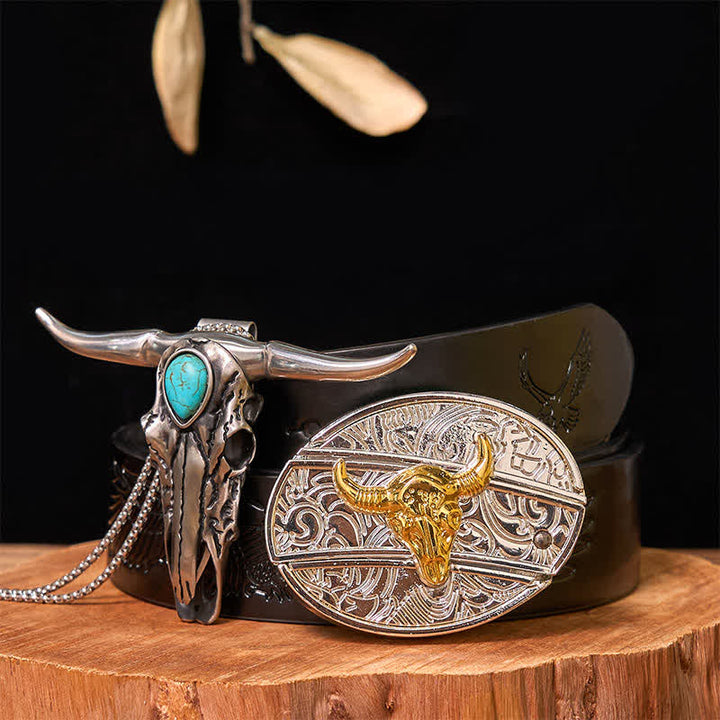 Ensemble de boucles de ceinture à couteau caché DIY en or et argent avec pendentif Longhorn turquoise - Taureau - Ceinture noire avec aigle en relief - 42 - image 6