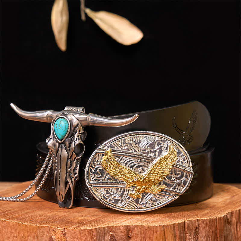 Ensemble de boucles de ceinture à couteau caché DIY en or et argent avec pendentif Longhorn turquoise - Aigle - Ceinture noire avec aigle en relief - 42 - image 32