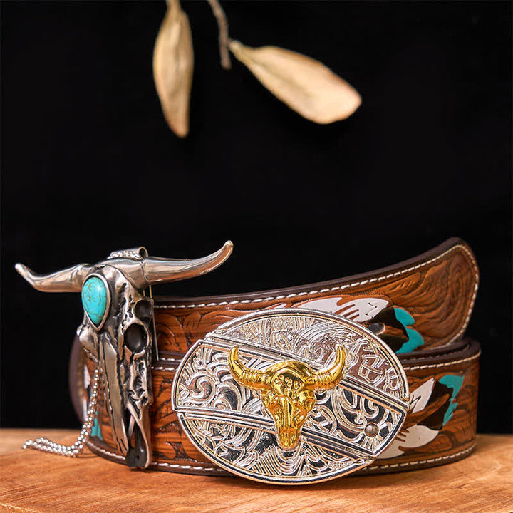 Ensemble de boucles de ceinture à couteau caché DIY en or et argent avec pendentif Longhorn turquoise - Taureau - Ceinture à plumes marron - 40 - image 0
