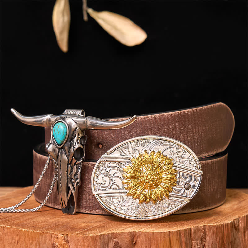 Ensemble de boucles de ceinture à couteau caché DIY en or et argent avec pendentif Longhorn turquoise - Tournesol - Ceinture marron vieillie - 42 - image 17