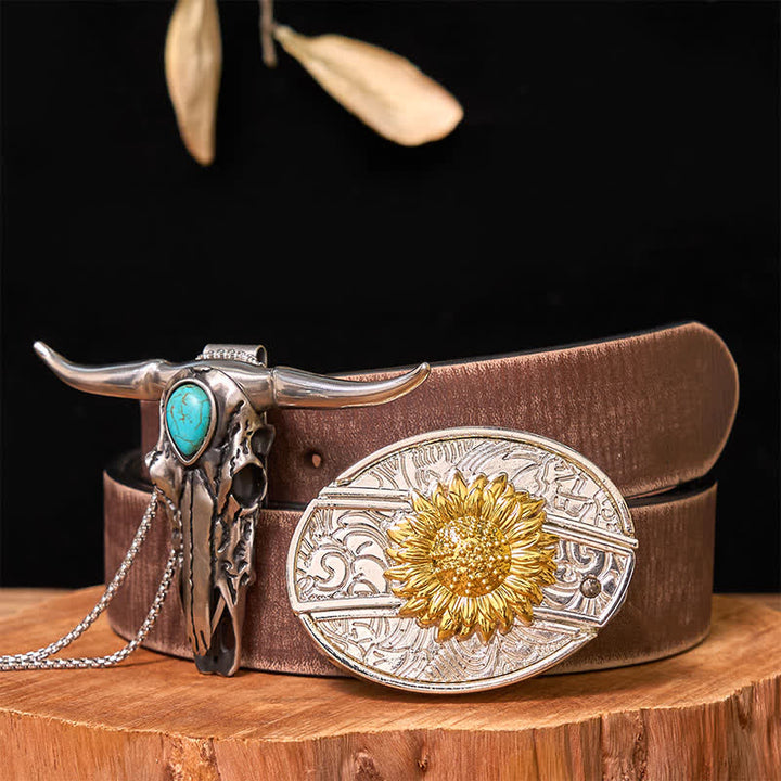 Ensemble de boucles de ceinture à couteau caché DIY en or et argent avec pendentif Longhorn turquoise - Tournesol - Ceinture marron vieillie - 42 - image 17