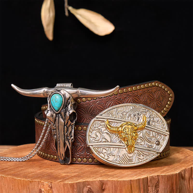 Ensemble de boucles de ceinture à couteau caché DIY en or et argent avec pendentif Longhorn turquoise - Taureau - Ceinture à rivets marron - 42 - image 8