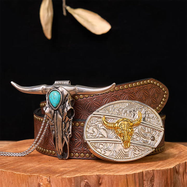 Ensemble de boucles de ceinture à couteau caché DIY en or et argent avec pendentif Longhorn turquoise - Taureau - Ceinture à rivets marron - 42 - image 8