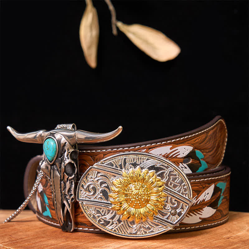 Ensemble de boucles de ceinture à couteau caché DIY en or et argent avec pendentif Longhorn turquoise - Tournesol - Ceinture à plumes marron - 40 - image 19