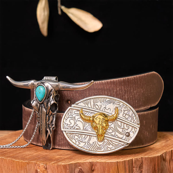 Ensemble de boucles de ceinture à couteau caché DIY en or et argent avec pendentif Longhorn turquoise - Taureau - Ceinture marron vieillie - 42 - image 9