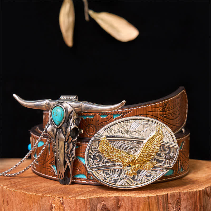 Ensemble de boucles de ceinture à couteau caché DIY en or et argent avec pendentif Longhorn turquoise - Aigle - Ceinture sculptée en turquoise - 42 - image 33