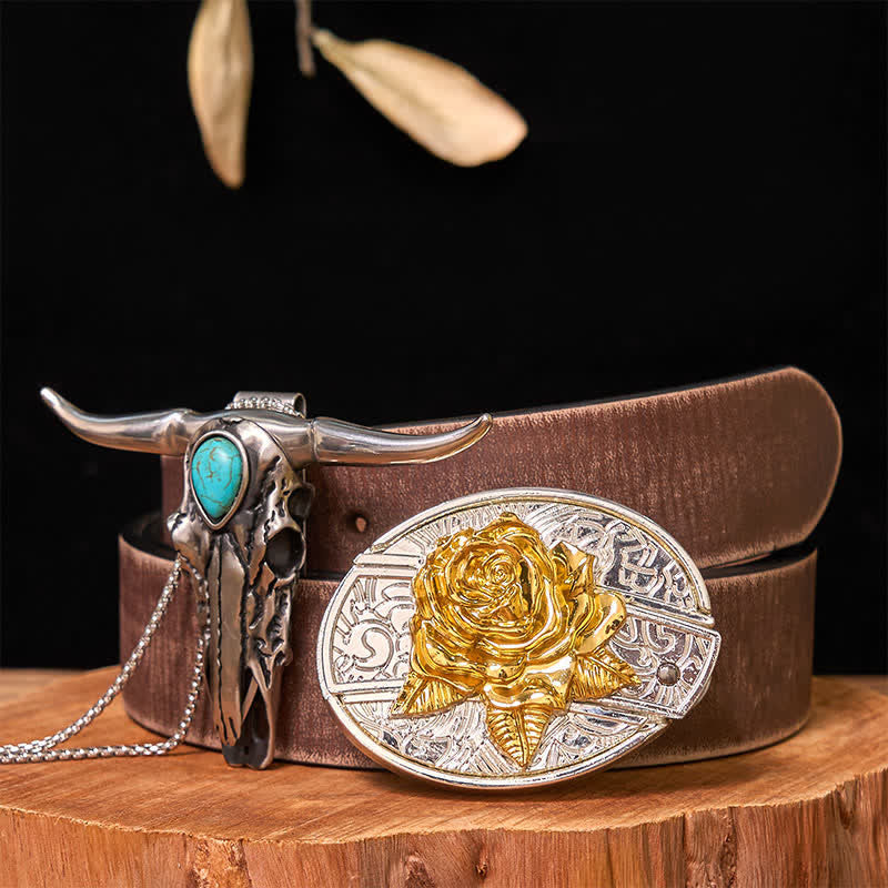 Ensemble de boucles de ceinture à couteau caché DIY en or et argent avec pendentif Longhorn turquoise - Rose - Ceinture marron vieillie - 42 - image 26