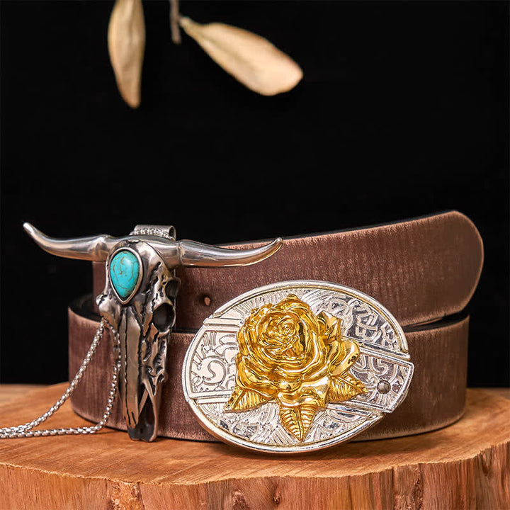 Ensemble de boucles de ceinture à couteau caché DIY en or et argent avec pendentif Longhorn turquoise - Rose - Ceinture marron vieillie - 42 - image 26
