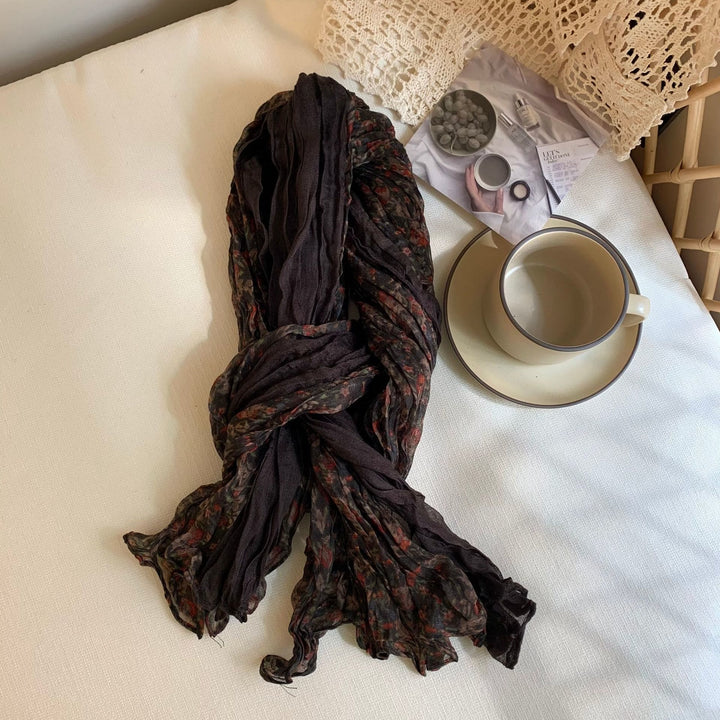 Écharpe fine et douce à motif floral plissé vintage pour femme