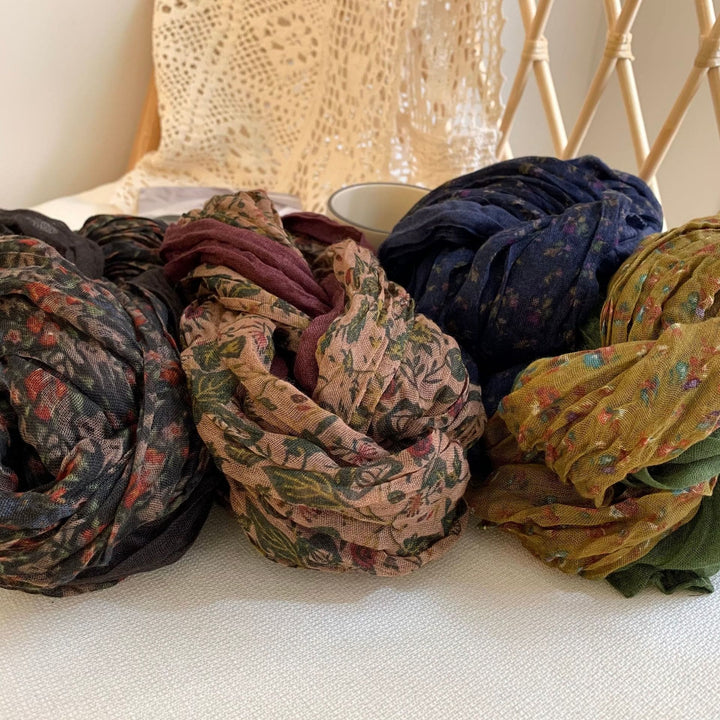 Écharpe fine et douce à motif floral plissé vintage pour femme