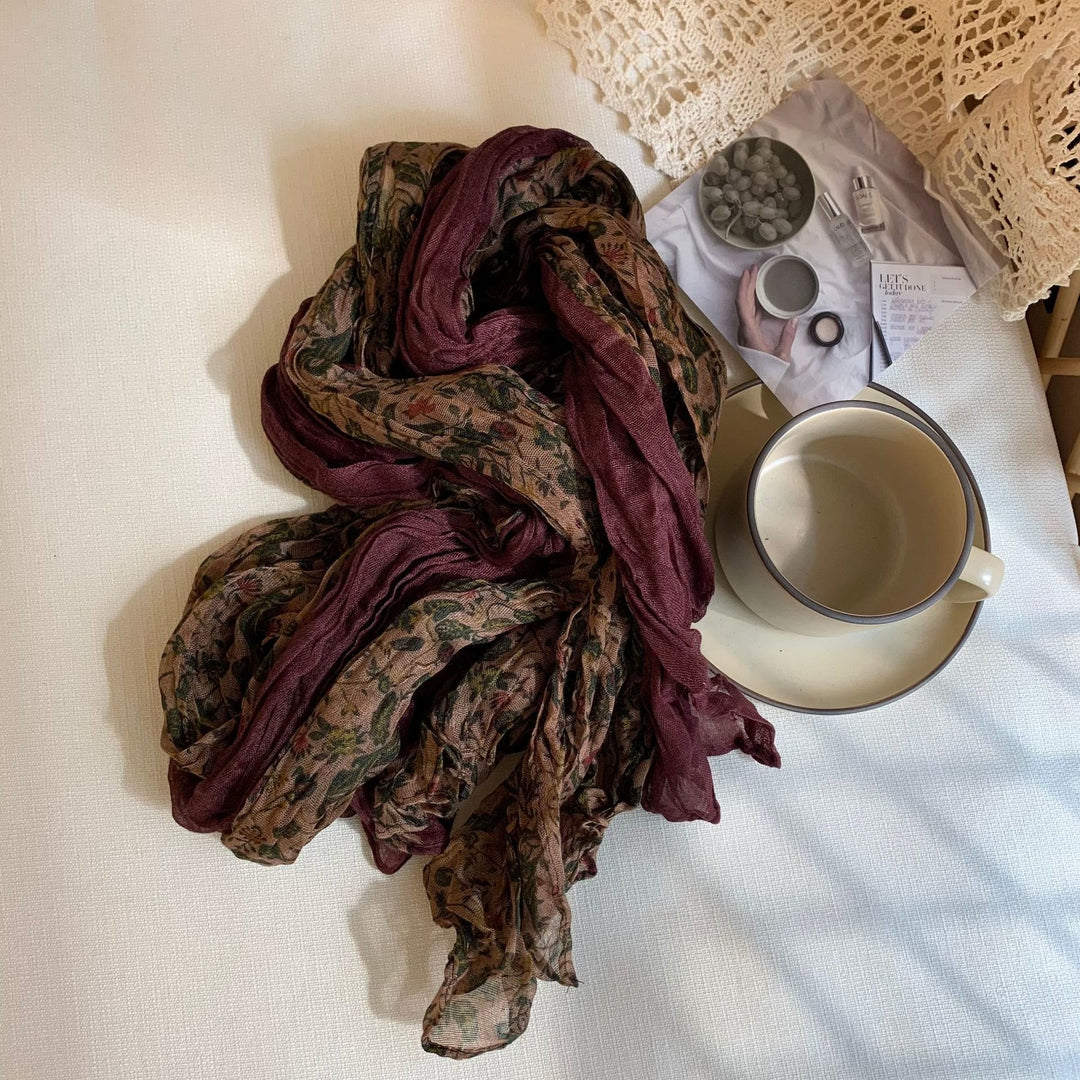 Écharpe fine et douce à motif floral plissé vintage pour femme