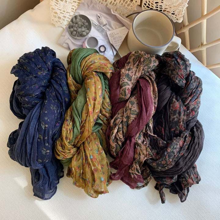 Écharpe fine et douce à motif floral plissé vintage pour femme