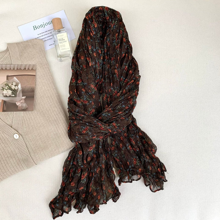 Écharpe fine et douce à motif floral plissé vintage pour femme