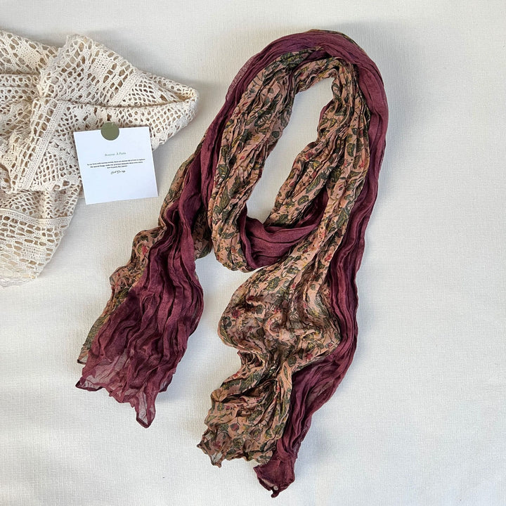 Écharpe fine et douce à motif floral plissé vintage pour femme