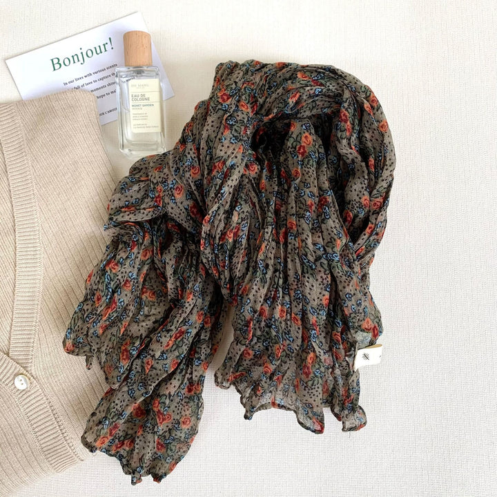 Écharpe fine et douce à motif floral plissé vintage pour femme