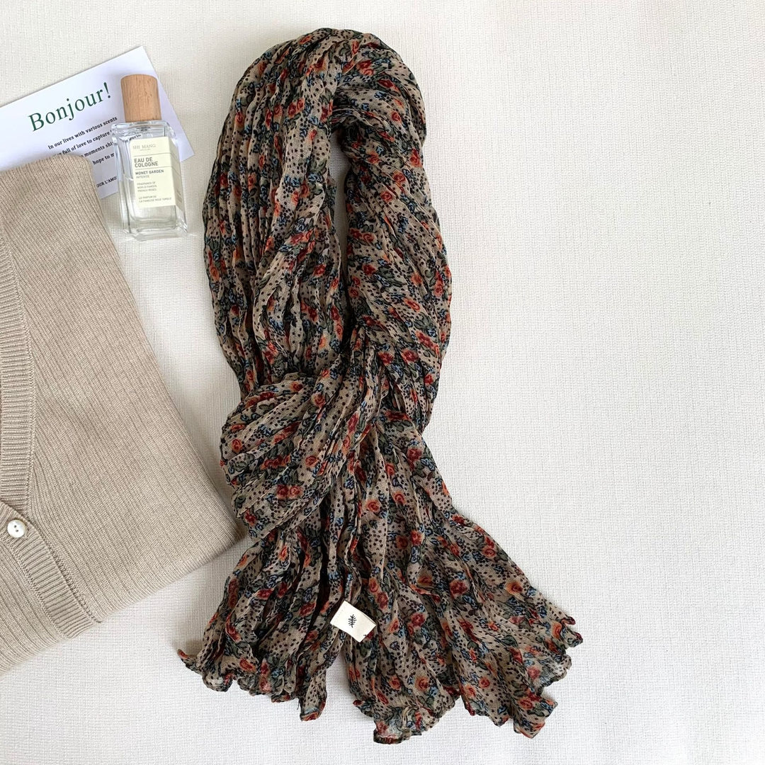 Écharpe fine et douce à motif floral plissé vintage pour femme