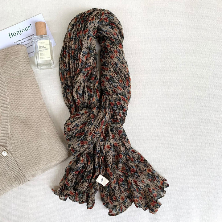 Écharpe fine et douce à motif floral plissé vintage pour femme