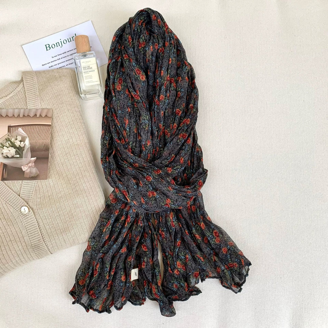 Écharpe fine et douce à motif floral plissé vintage pour femme