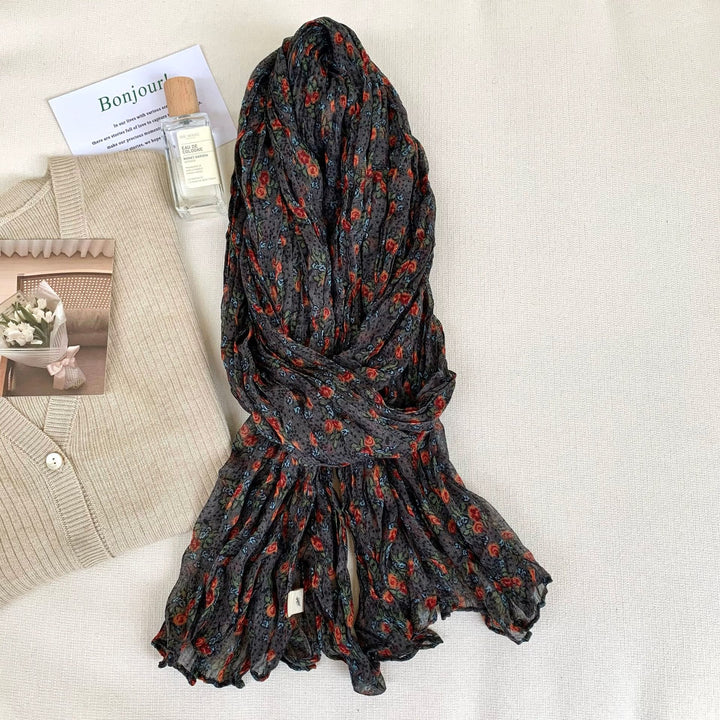 Écharpe fine et douce à motif floral plissé vintage pour femme
