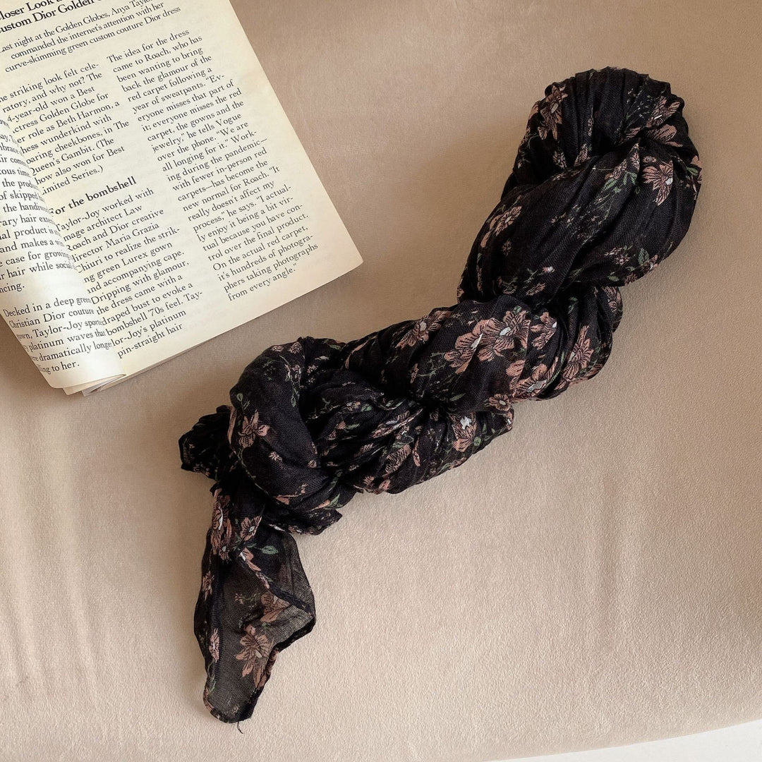 Écharpe fine et douce à motif floral plissé vintage pour femme