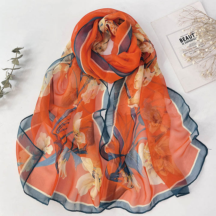 Écharpe de plage en mousseline de soie douce pour femme, motif floral, protection solaire - #34 Hibiscus orange Mutabilis - image 36
