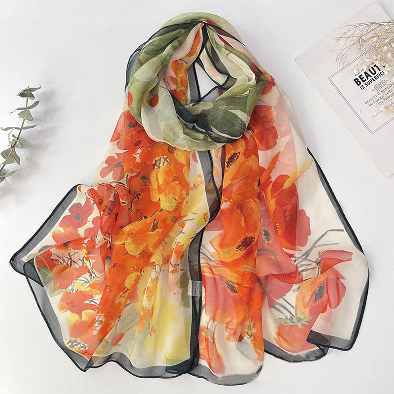 Écharpe de plage en mousseline de soie douce pour femme, motif floral, protection solaire - #30 Coquelicot vert - image 32
