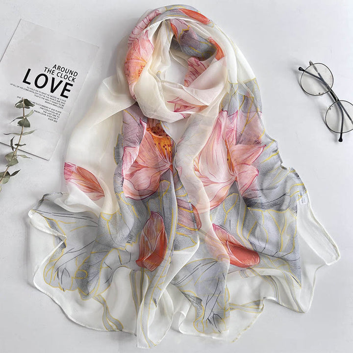 Écharpe de plage en mousseline de soie douce pour femme, motif floral, protection solaire - #39 Lotus rose clair - image 41
