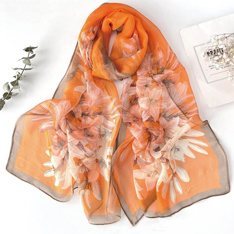 Écharpe de plage en mousseline de soie douce pour femme, motif floral, protection solaire - #17 Lys orange - image 19