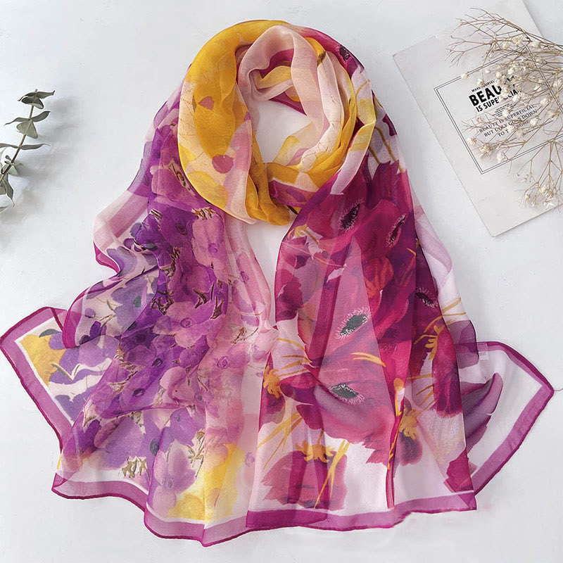Écharpe de plage en mousseline de soie douce pour femme, motif floral, protection solaire - #31 Coquelicot violet - image 33