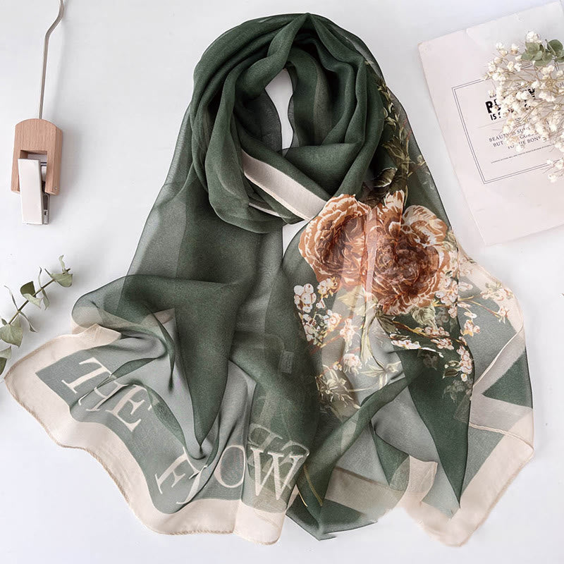 Écharpe de plage en mousseline de soie douce pour femme, motif floral, protection solaire - #18 Fleurs vert olive foncé - image 20