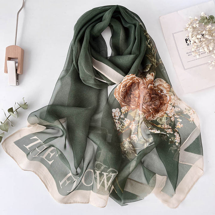 Écharpe de plage en mousseline de soie douce pour femme, motif floral, protection solaire - #18 Fleurs vert olive foncé - image 20