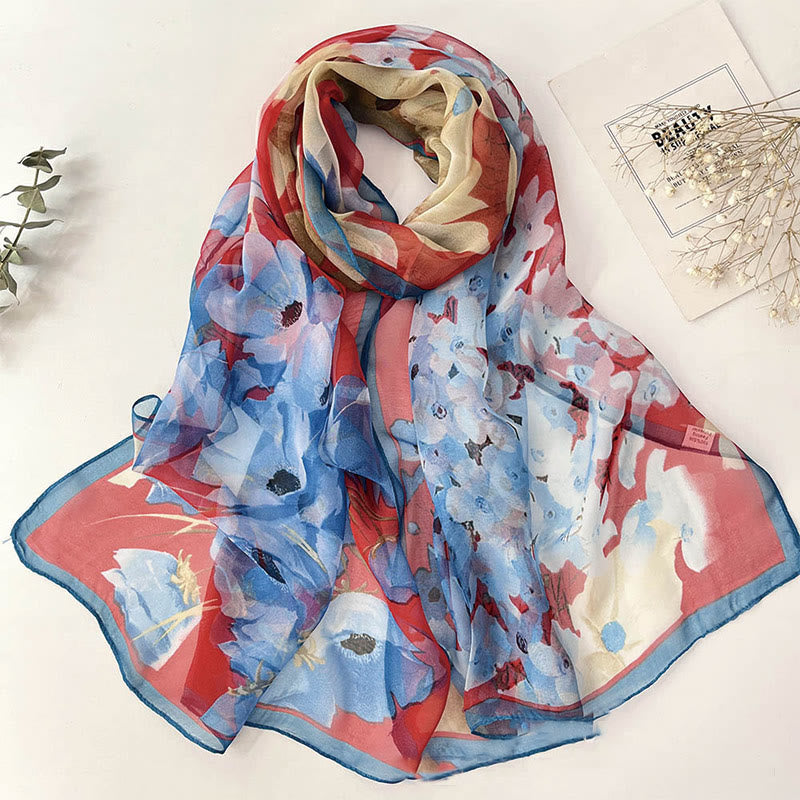 Écharpe de plage en mousseline de soie douce pour femme, motif floral, protection solaire - #32 Coquelicot bleu - image 34