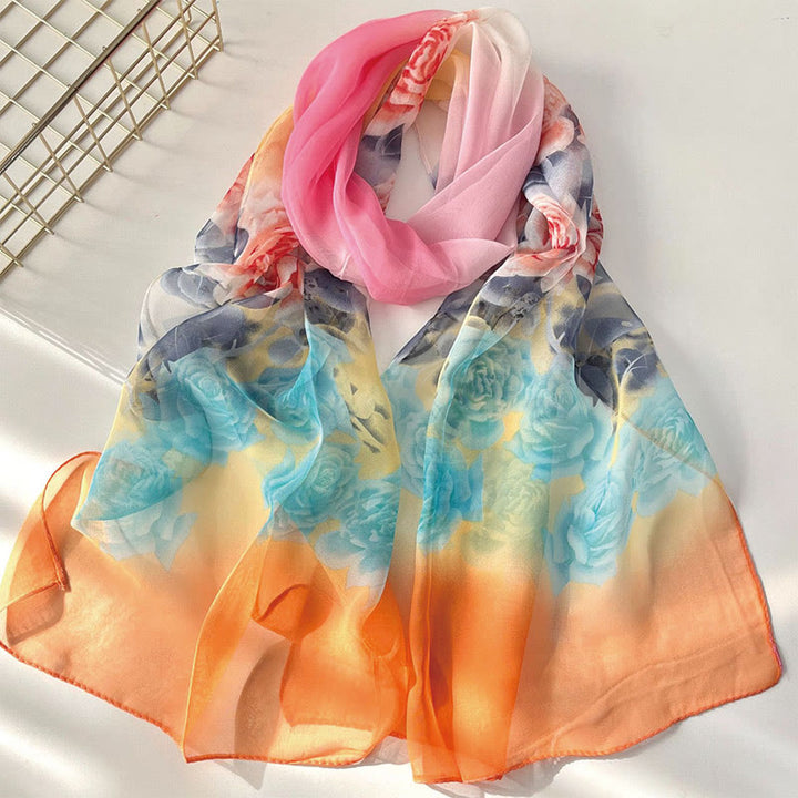 Écharpe de plage en mousseline de soie douce pour femme, motif floral, protection solaire - #41 Rose bleue - image 43