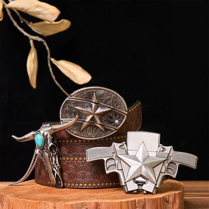 Ensemble briquet à boucle de ceinture avec couteau caché étoile et pendentif Longhorn turquoise (à monter soi-même) - Étoile - Ceinture à rivets marron - 42 - image 7