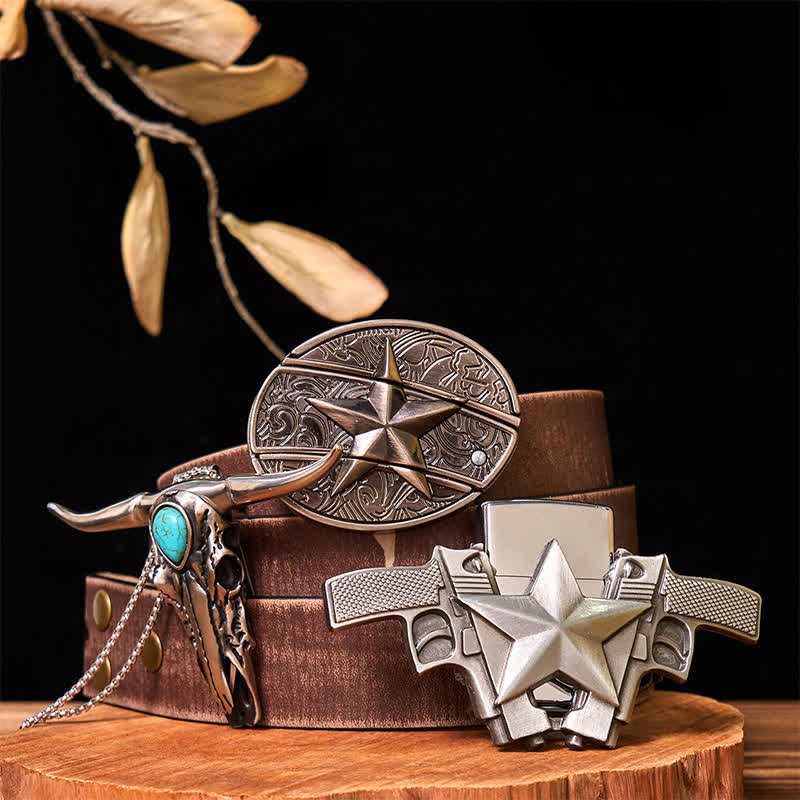 Ensemble briquet à boucle de ceinture avec couteau caché étoile et pendentif Longhorn turquoise (à monter soi-même) - Étoile - Ceinture marron vieillie - 42 - image 8