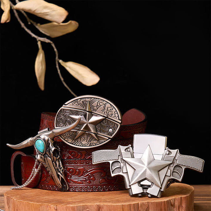 Ensemble briquet à boucle de ceinture avec couteau caché étoile et pendentif Longhorn turquoise (à monter soi-même) - Étoile - Ceinture marron sculptée - 42 - image 9