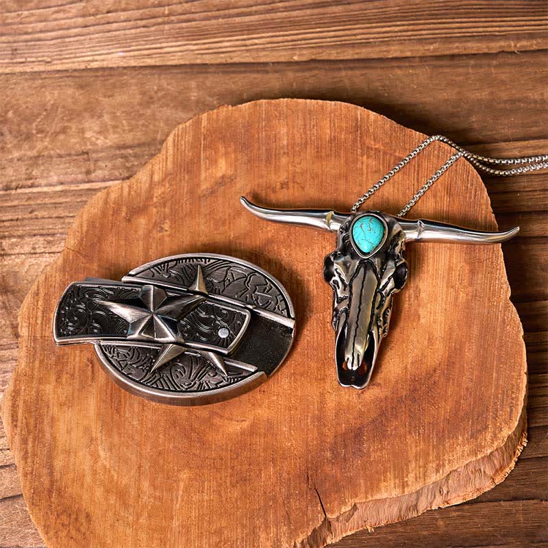 Ensemble briquet à boucle de ceinture avec couteau caché étoile et pendentif Longhorn turquoise (à monter soi-même) - image 4