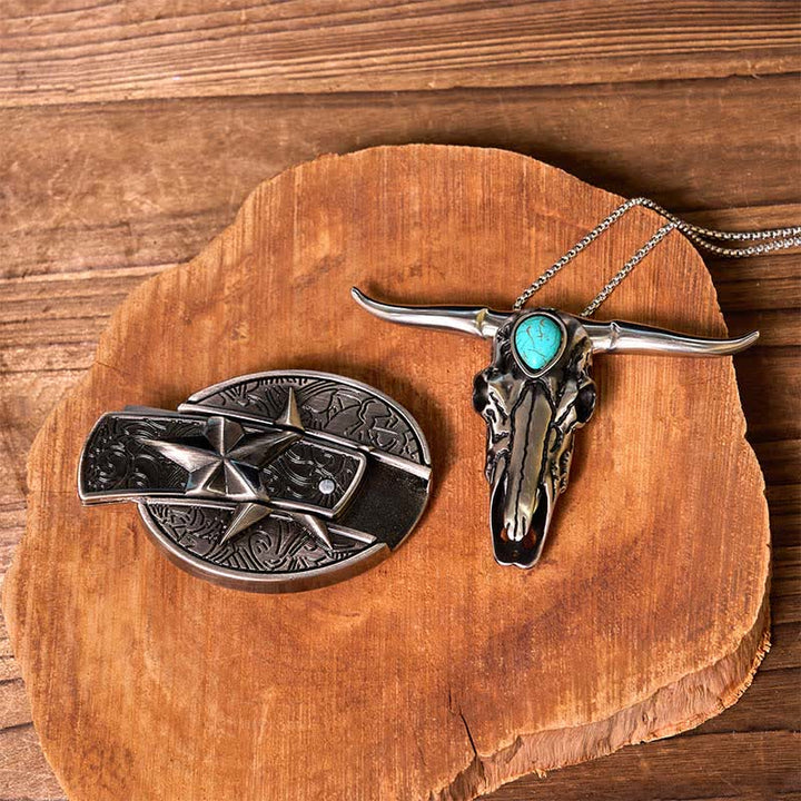 Ensemble briquet à boucle de ceinture avec couteau caché étoile et pendentif Longhorn turquoise (à monter soi-même) - image 4
