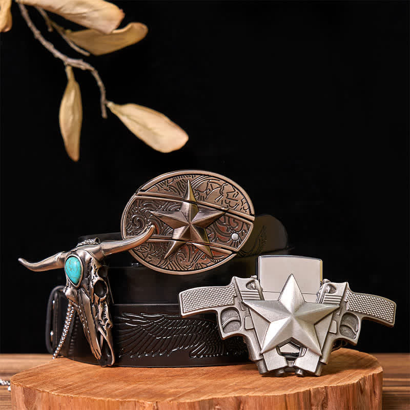 Ensemble briquet à boucle de ceinture avec couteau caché étoile et pendentif Longhorn turquoise (à monter soi-même) - Étoile - Ceinture noire avec aigle en relief - 42 - image 6