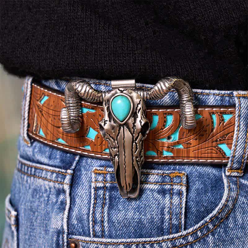 Boucle de ceinture multifonction en argent avec pendentif en forme de crâne de mouton turquoise (prévente)
