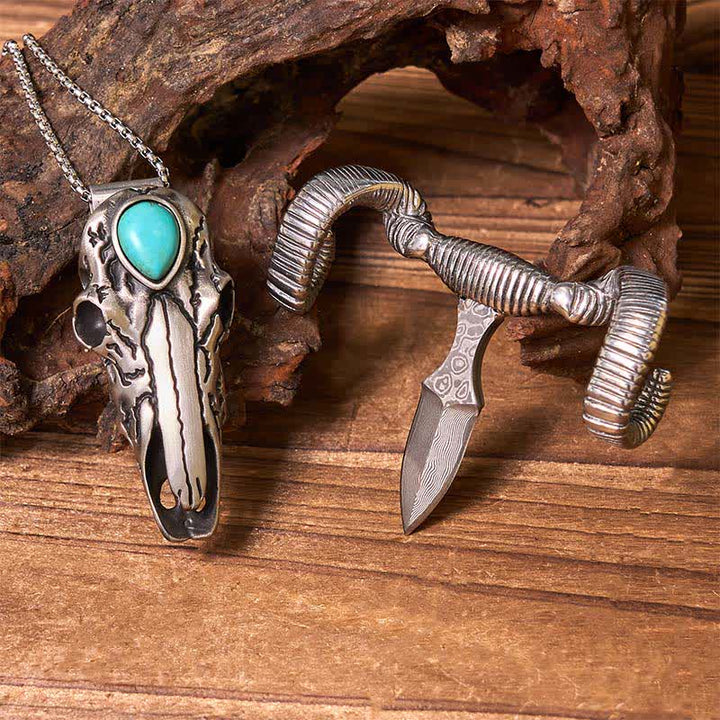 Boucle de ceinture multifonction en argent avec pendentif en forme de crâne de mouton turquoise