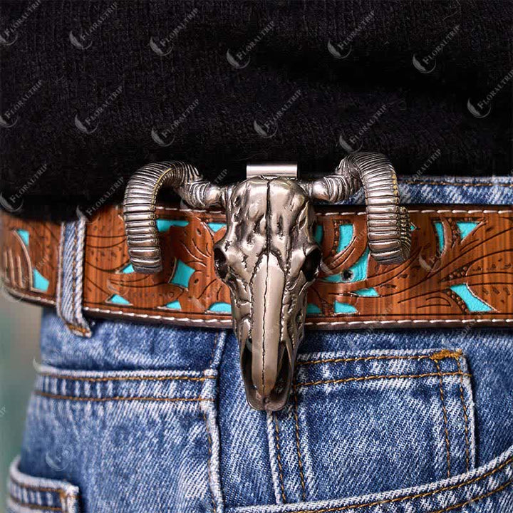 Boucle de ceinture multifonction avec pendentif en forme de crâne de mouton argenté (prévente)