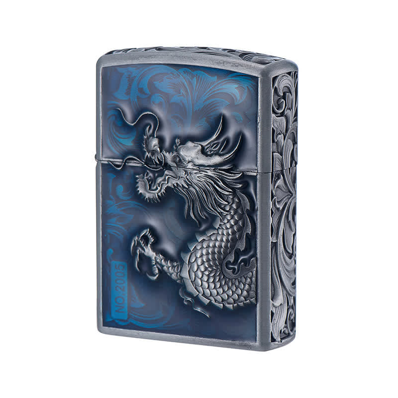 Briquet à pétrole rechargeable en relief de dragon sculpté - Bleu - image 0