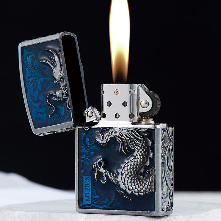 Briquet à pétrole rechargeable en relief avec dragon sculpté