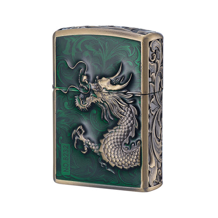 Briquet à pétrole rechargeable en relief avec dragon sculpté